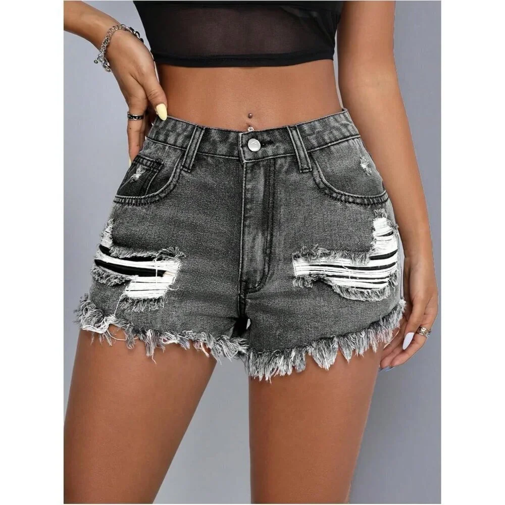 Women's Summer Ripped High Waisted Denim Shorts Straight Leg Casual